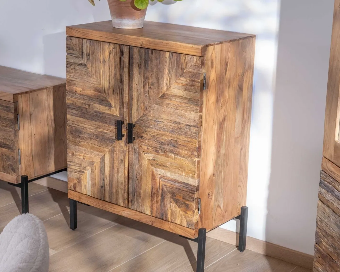 Clearance Meuble de rangement bas acacia style ethnique piètement métal "Géonidum" Rangement|Buffet Et Bahut