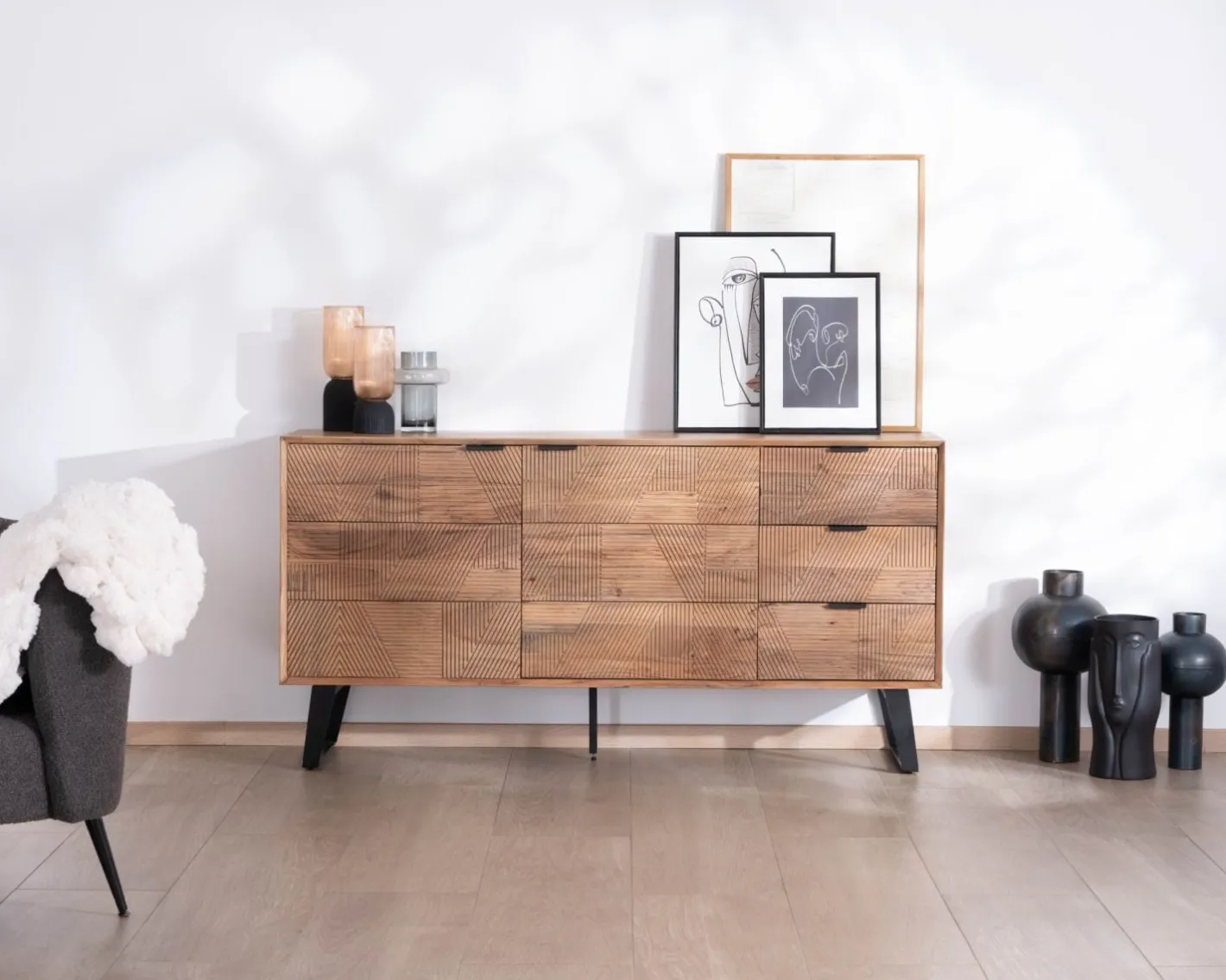Hot Meuble de rangement bas 160 cm avec tiroirs "Uky" design contemporain esprit rétro Buffet Et Bahut