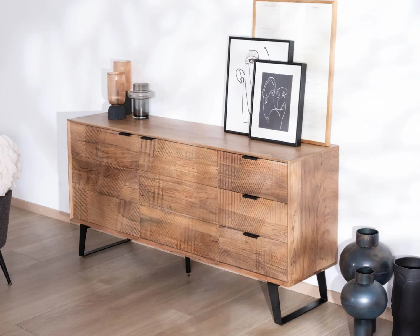 Hot Meuble de rangement bas 160 cm avec tiroirs "Uky" design contemporain esprit rétro Buffet Et Bahut