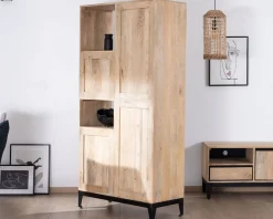 Outlet Meuble de rangement haut en manguier naturel et noir design épuré 