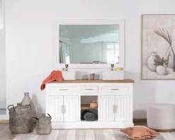 Hot Meuble de salle bain double en acacia naturel et blanc 