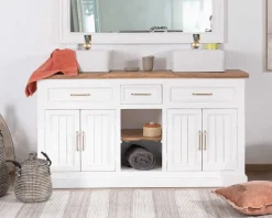 Hot Meuble de salle bain double en acacia naturel et blanc 