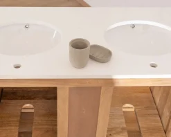 Online Meuble de salle de bain deux vasques bois et quartz 150cm 