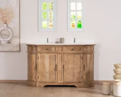 Online Meuble de salle de bain deux vasques bois et quartz 150cm 