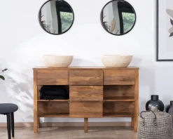Best Meuble de salle de bain double en manguier foncé 140 cm avec niches et tiroirs 