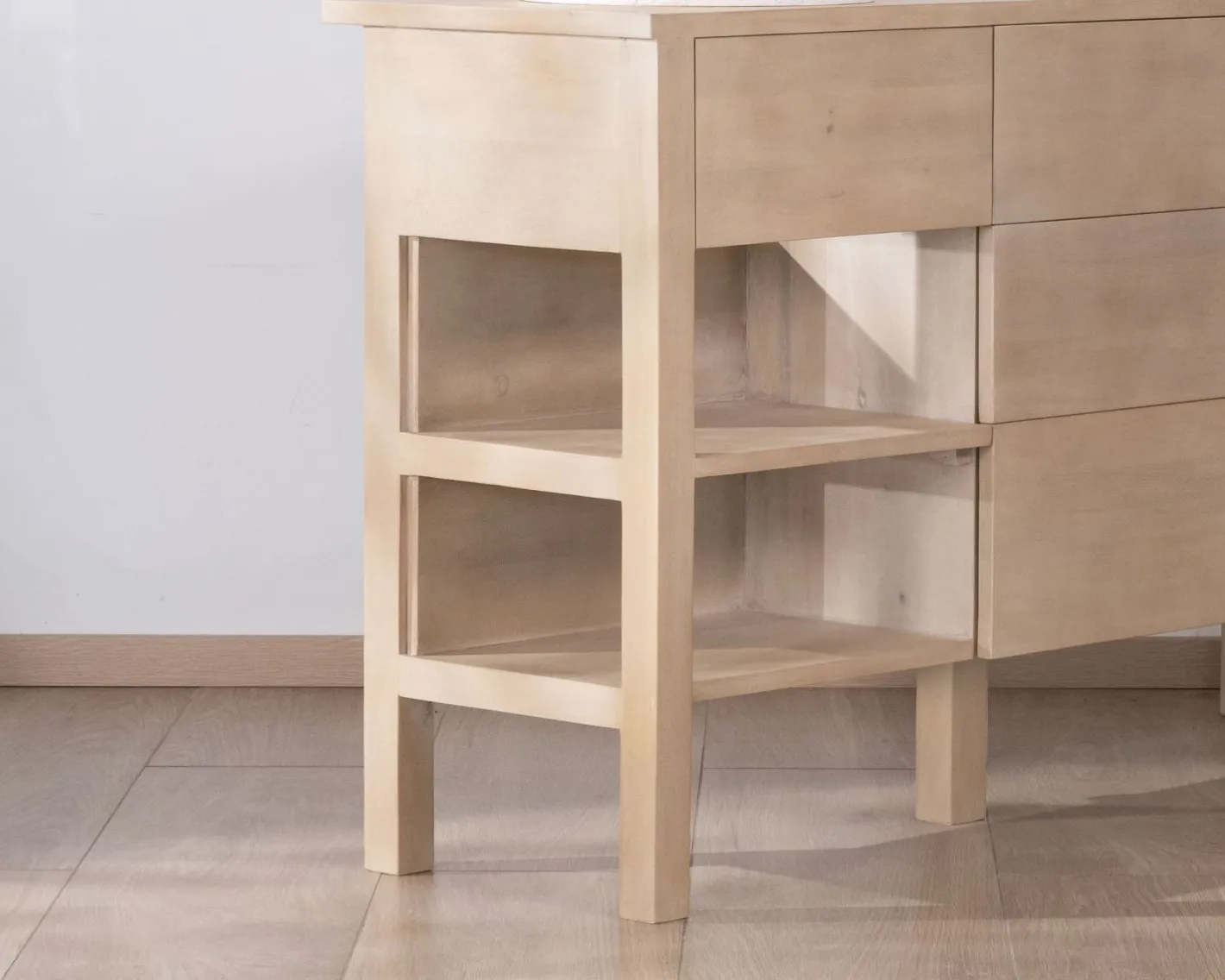 Sale Meuble de salle de bain double en manguier blanchi 140 cm avec niches et tiroirs "Kahiko" Meuble Sous Vasque