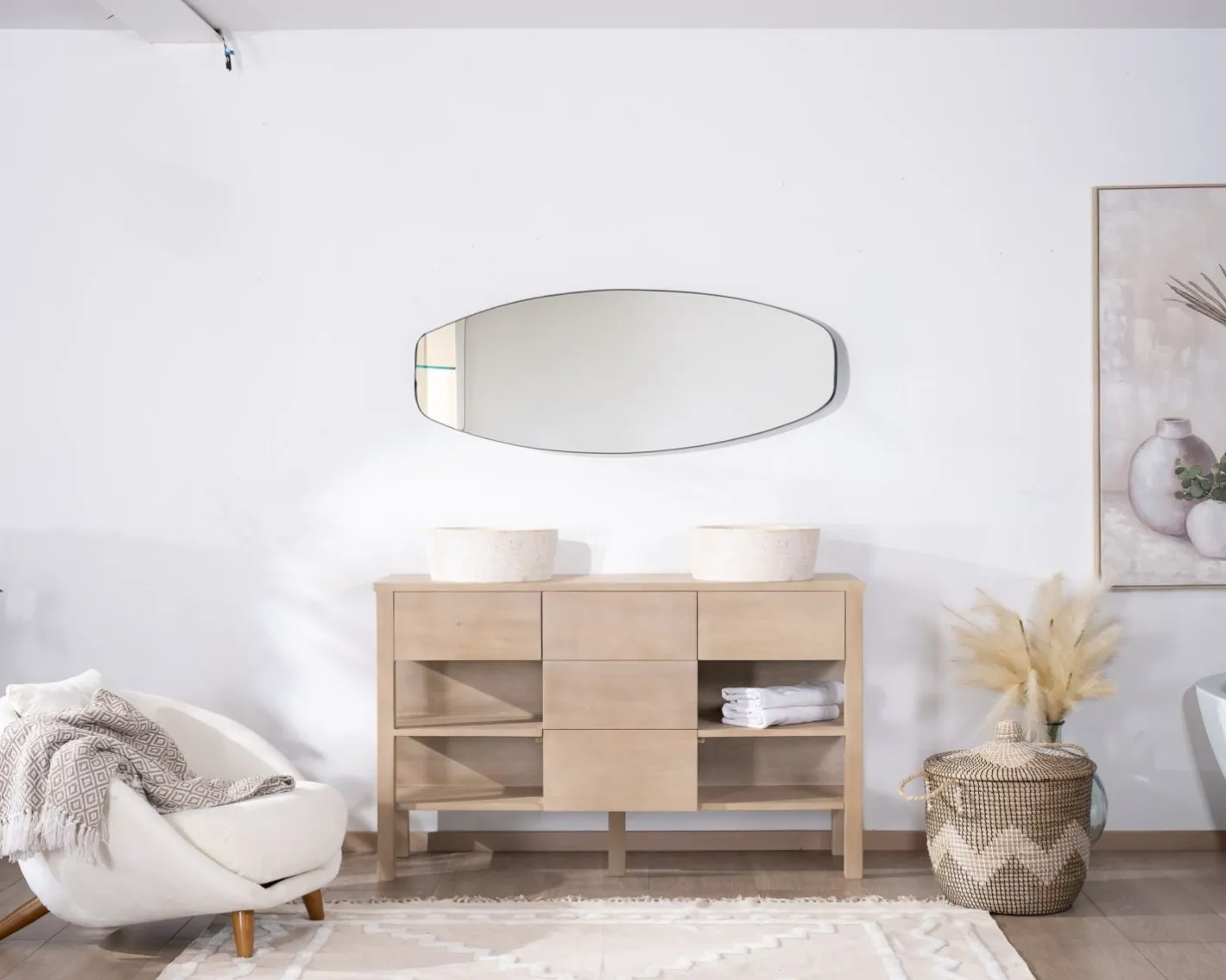 Sale Meuble de salle de bain double en manguier blanchi 140 cm avec niches et tiroirs "Kahiko" Meuble Sous Vasque