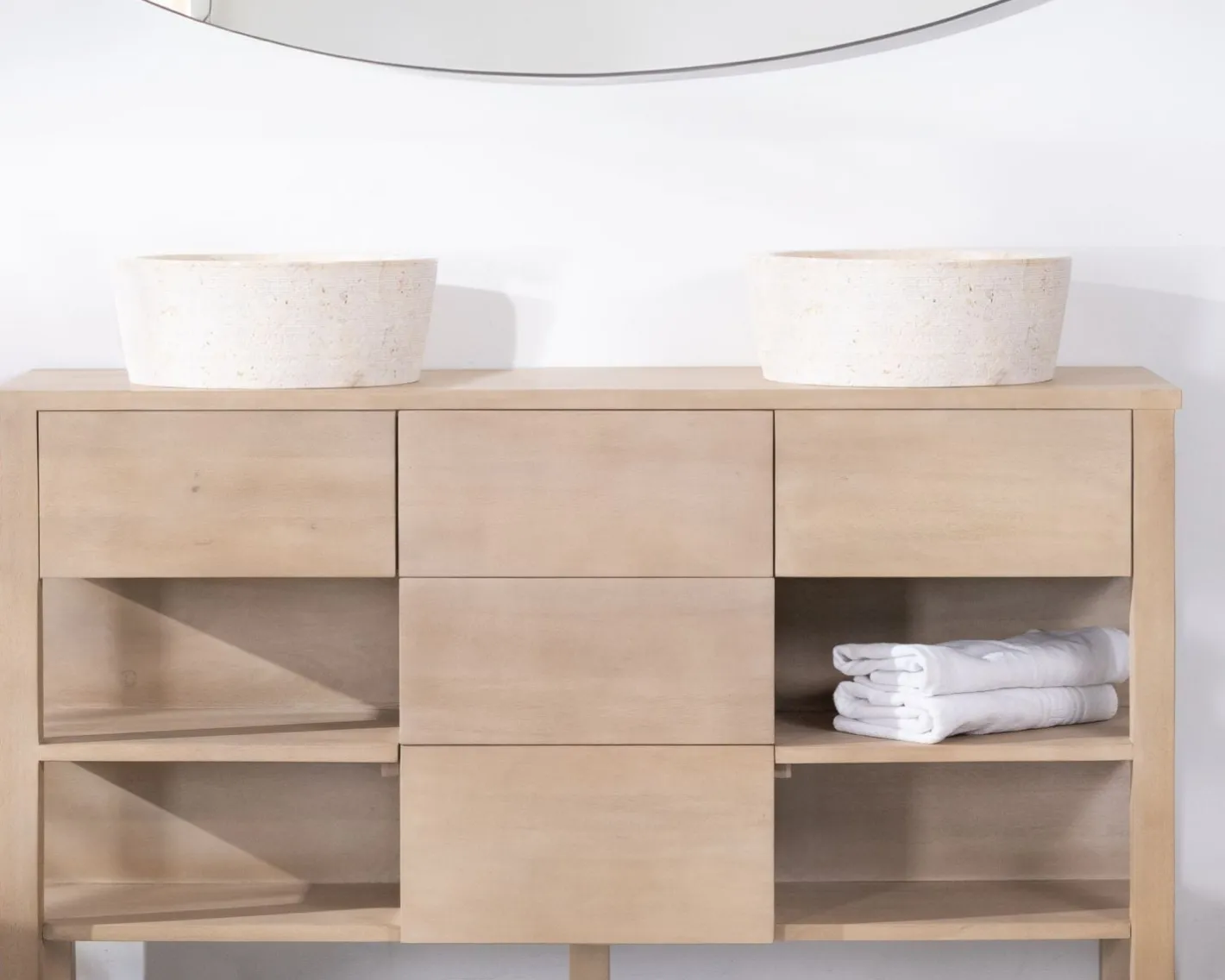 Sale Meuble de salle de bain double en manguier blanchi 140 cm avec niches et tiroirs "Kahiko" Meuble Sous Vasque