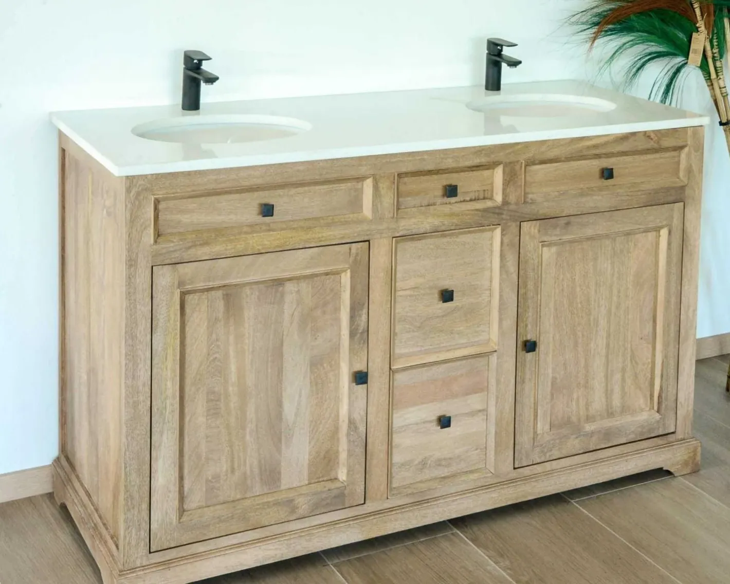 Online Meuble de salle de bain 2 vasques manguier et quartz blanc "Elégance" Meuble Sous Vasque