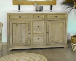 Online Meuble de salle de bain 2 vasques manguier et quartz blanc