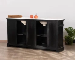 Clearance Meuble double vasque coins arrondis bois noir quartz blanc 