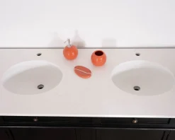 Clearance Meuble double vasque coins arrondis bois noir quartz blanc 