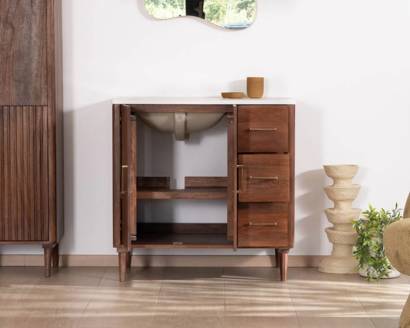 Sale Meuble simple vasque en manguier foncé "Malova" 90 cm style rétro chic Meuble Sous Vasque