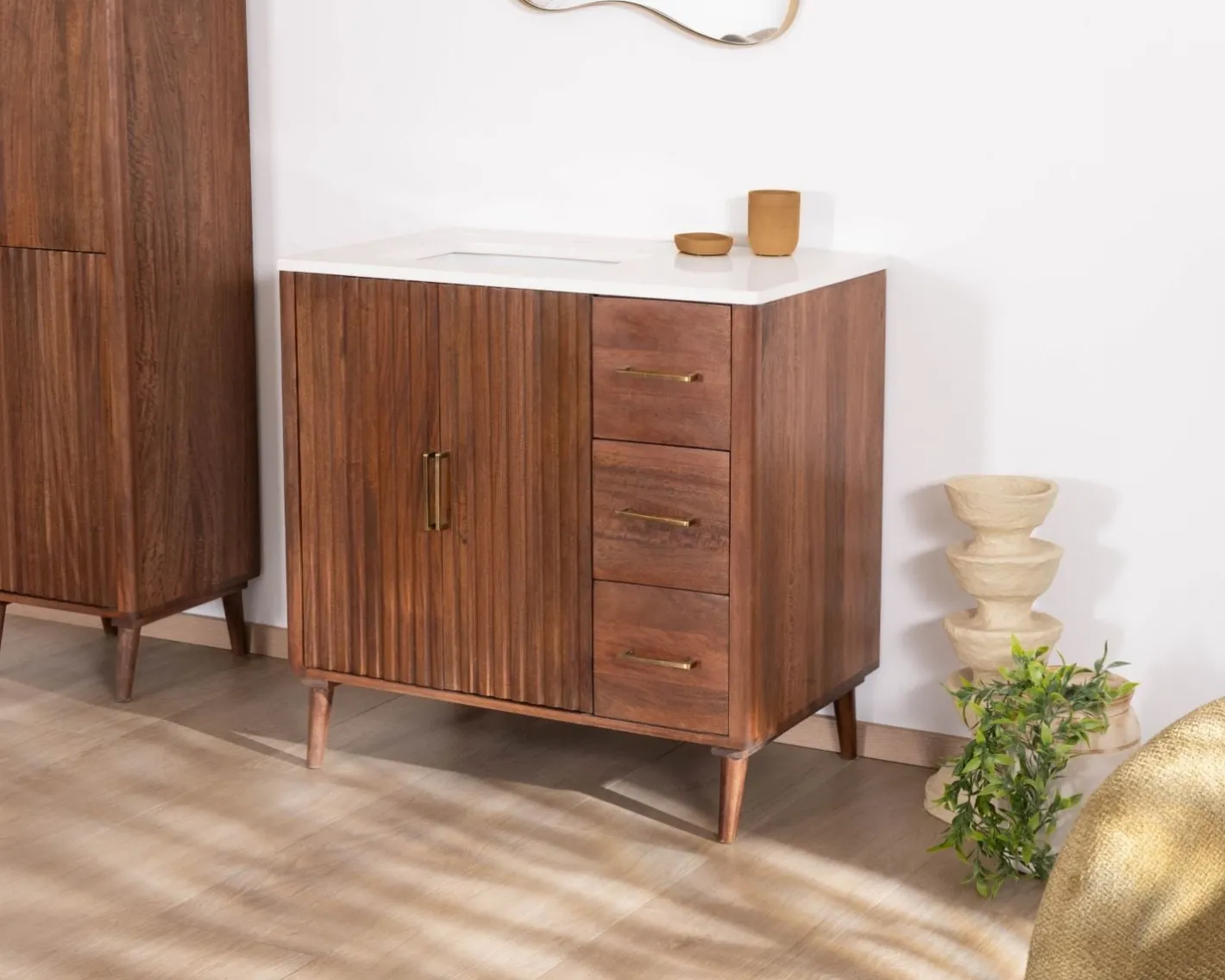 Sale Meuble simple vasque en manguier foncé "Malova" 90 cm style rétro chic Meuble Sous Vasque