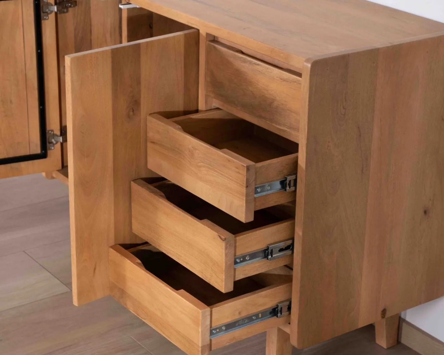 Discount Meuble sous vasque 120 cm avec portes et tiroirs "Kahiko" en manguier teinte chêne clair Meuble Sous Vasque
