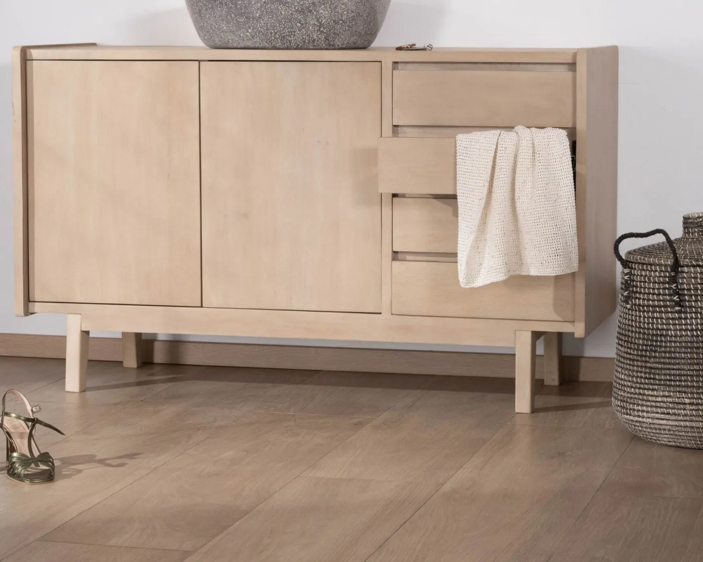 Sale Meuble sous vasque 140 cm en manguier blanchi avec portes et tiroirs "Kahiko" Meuble Sous Vasque