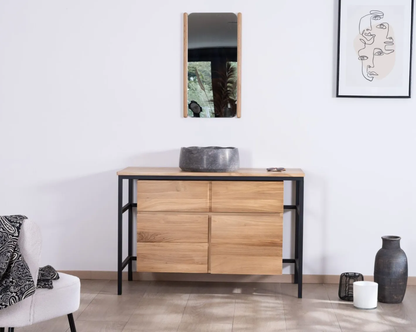 Hot Meuble sous vasque contemporain en teck 120 cm "Wavy" piètement design en métal Meuble Sous Vasque