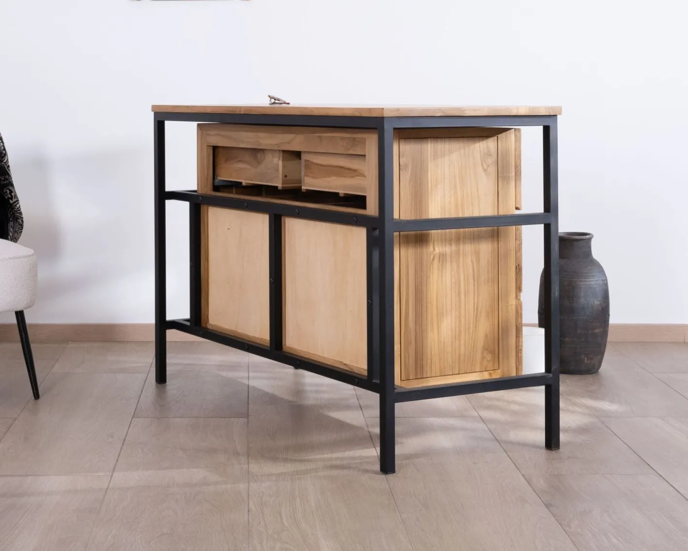 Hot Meuble sous vasque contemporain en teck 120 cm "Wavy" piètement design en métal Meuble Sous Vasque