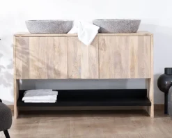 Hot Meuble sous vasque double en bois graphique naturel et noir 