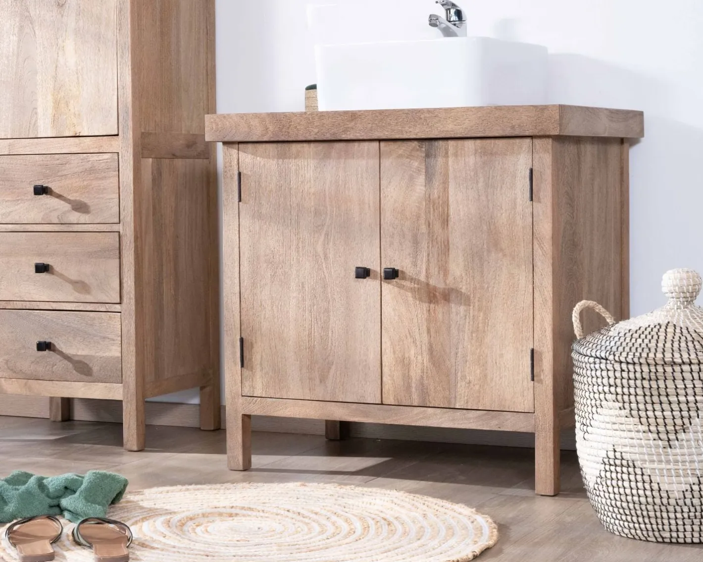 Sale Meuble sous vasque simple en manguier massif 80cm 2 portes "Maestro" Meuble Sous Vasque