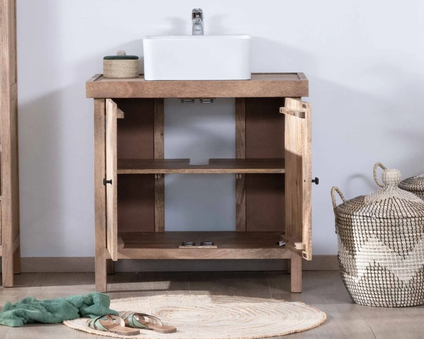 Sale Meuble sous vasque simple en manguier massif 80cm 2 portes "Maestro" Meuble Sous Vasque