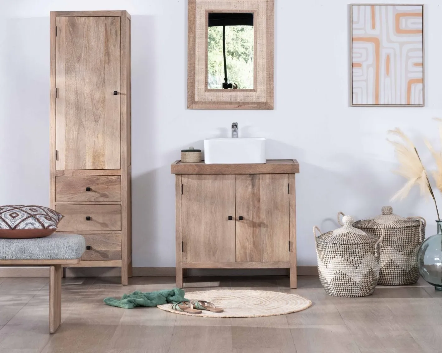 Sale Meuble sous vasque simple en manguier massif 80cm 2 portes "Maestro" Meuble Sous Vasque