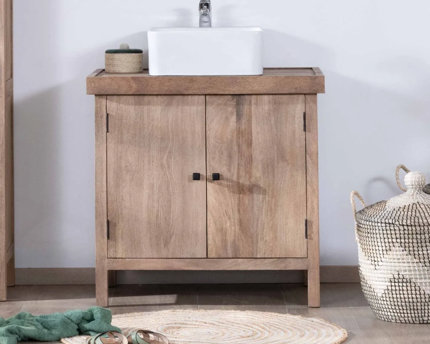 Sale Meuble sous vasque simple en manguier massif 80cm 2 portes "Maestro" Meuble Sous Vasque