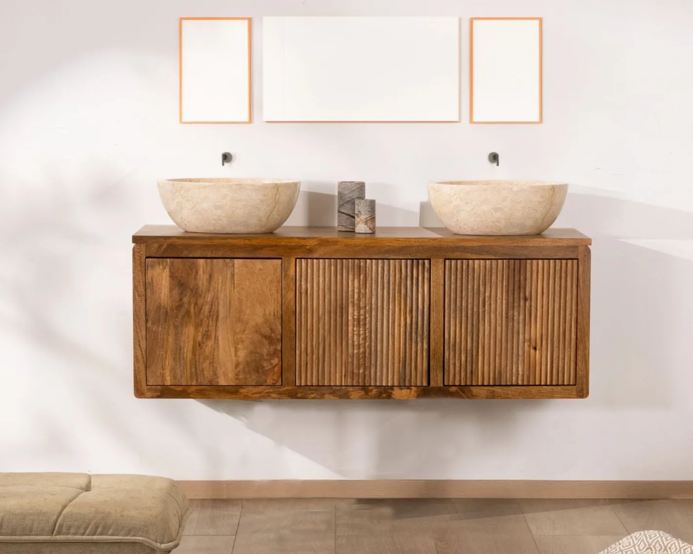 Discount Meuble sous vasque suspendu 140 cm en manguier foncé "Nani" façades bi-texturées Meuble Sous Vasque