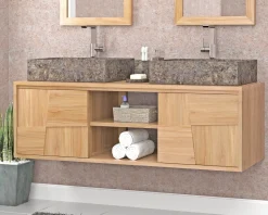 Clearance Meuble sous vasque suspendu en teck avec portes coulissantes 140 cm 