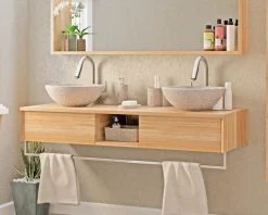 Outlet Meuble sous vasque suspendu en teck avec porte serviette 140 cm "Tika" Meuble Sous Vasque