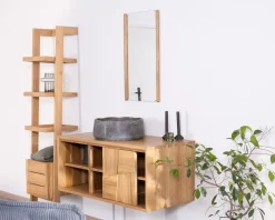 New Meuble sous vasque suspendu en teck avec portes coulissantes 