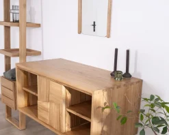 New Meuble sous vasque suspendu en teck avec portes coulissantes 
