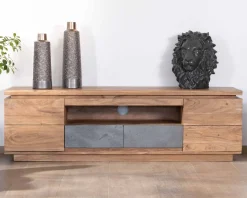 Discount Meuble télé 175cm en acacia avec tiroirs façade placage pierre et bande LED "Paguera" Meuble Télé