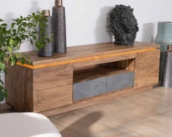 Discount Meuble télé 175cm en acacia avec tiroirs façade placage pierre et bande LED "Paguera" Meuble Télé
