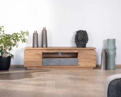 Discount Meuble télé 175cm en acacia avec tiroirs façade placage pierre et bande LED 