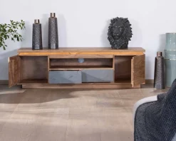 Discount Meuble télé 175cm en acacia avec tiroirs façade placage pierre et bande LED 