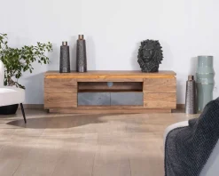 Discount Meuble télé 175cm en acacia avec tiroirs façade placage pierre et bande LED 