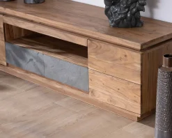 Discount Meuble télé 175cm en acacia avec tiroirs façade placage pierre et bande LED 