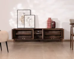 Clearance Meuble TV bas esprit zen en manguier massif teinte noyer 180 cm « Sicora » Meuble Télé