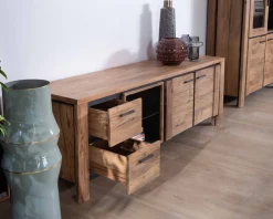 Outlet Meuble TV 180cm acacia massif avec niche éclairage LED et étagère verre "Fantaisie" Meuble Télé