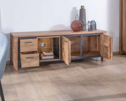 Outlet Meuble TV 180cm acacia massif avec niche éclairage LED et étagère verre 