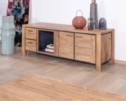 Outlet Meuble TV 180cm acacia massif avec niche éclairage LED et étagère verre 