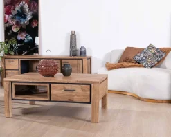 Outlet Meuble TV 180cm acacia massif avec niche éclairage LED et étagère verre 