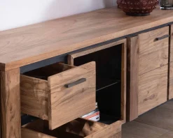Outlet Meuble TV 180cm acacia massif avec niche éclairage LED et étagère verre 