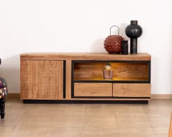 Discount Meuble TV 145 cm contemporain en acacia avec liserés noirs