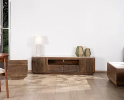 Hot Meuble TV 180 cm en bois recyclé et plateau marbre blanc 