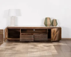 Hot Meuble TV 180 cm en bois recyclé et plateau marbre blanc 