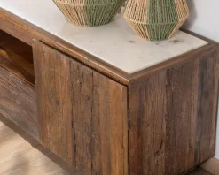 Hot Meuble TV 180 cm en bois recyclé et plateau marbre blanc 