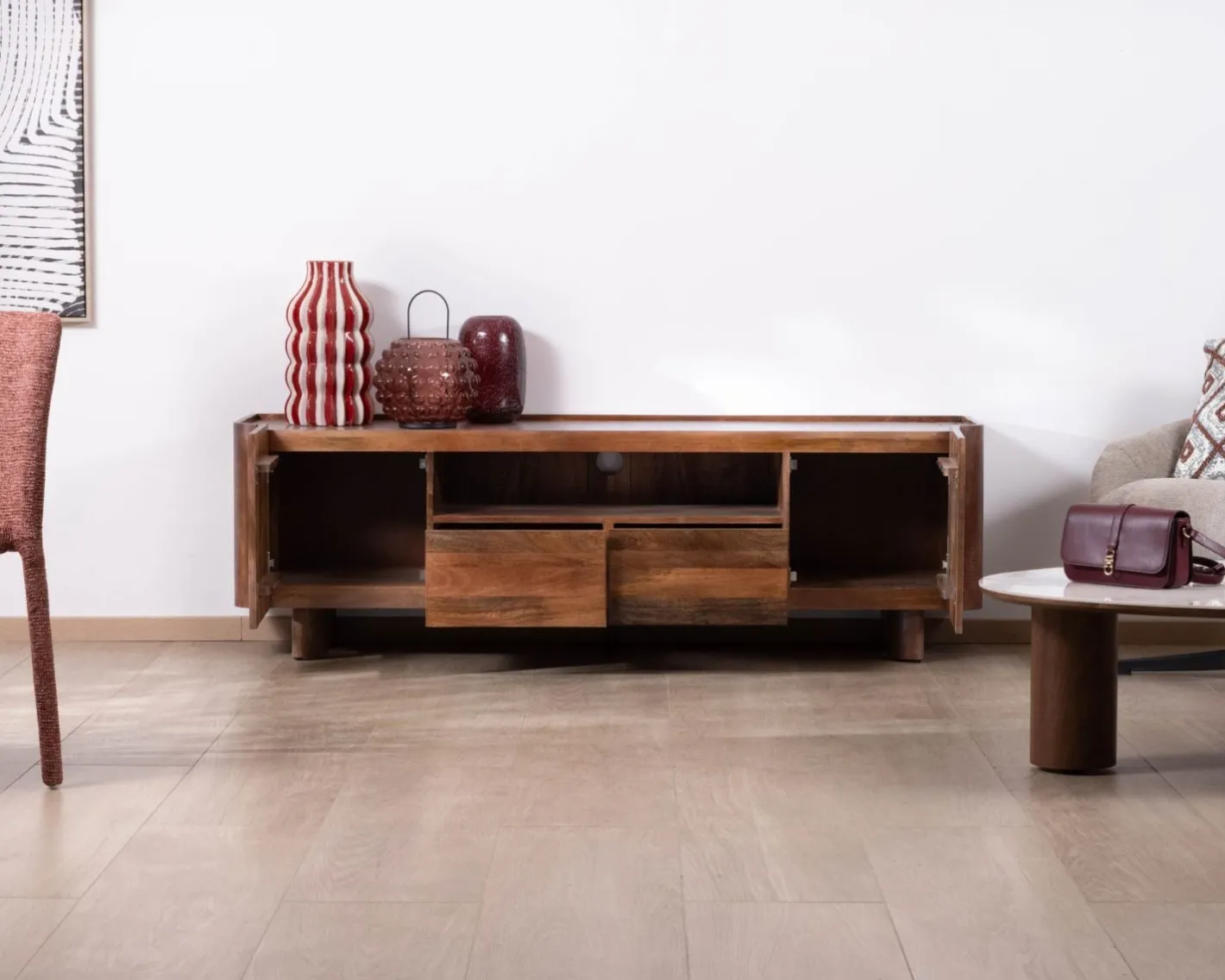 Clearance Meuble TV 175 cm en manguier massif style contemporain minimaliste "Malaké" Meuble Télé