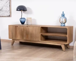 Clearance Meuble TV 170 cm en manguier massif style scandinave "Elyka" avec double porte et niches Meuble Télé